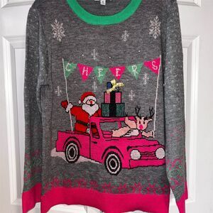 Rockin Around Light-Up Ugly Christmas Sweater Santa & Reindeer Unisex M Gray
